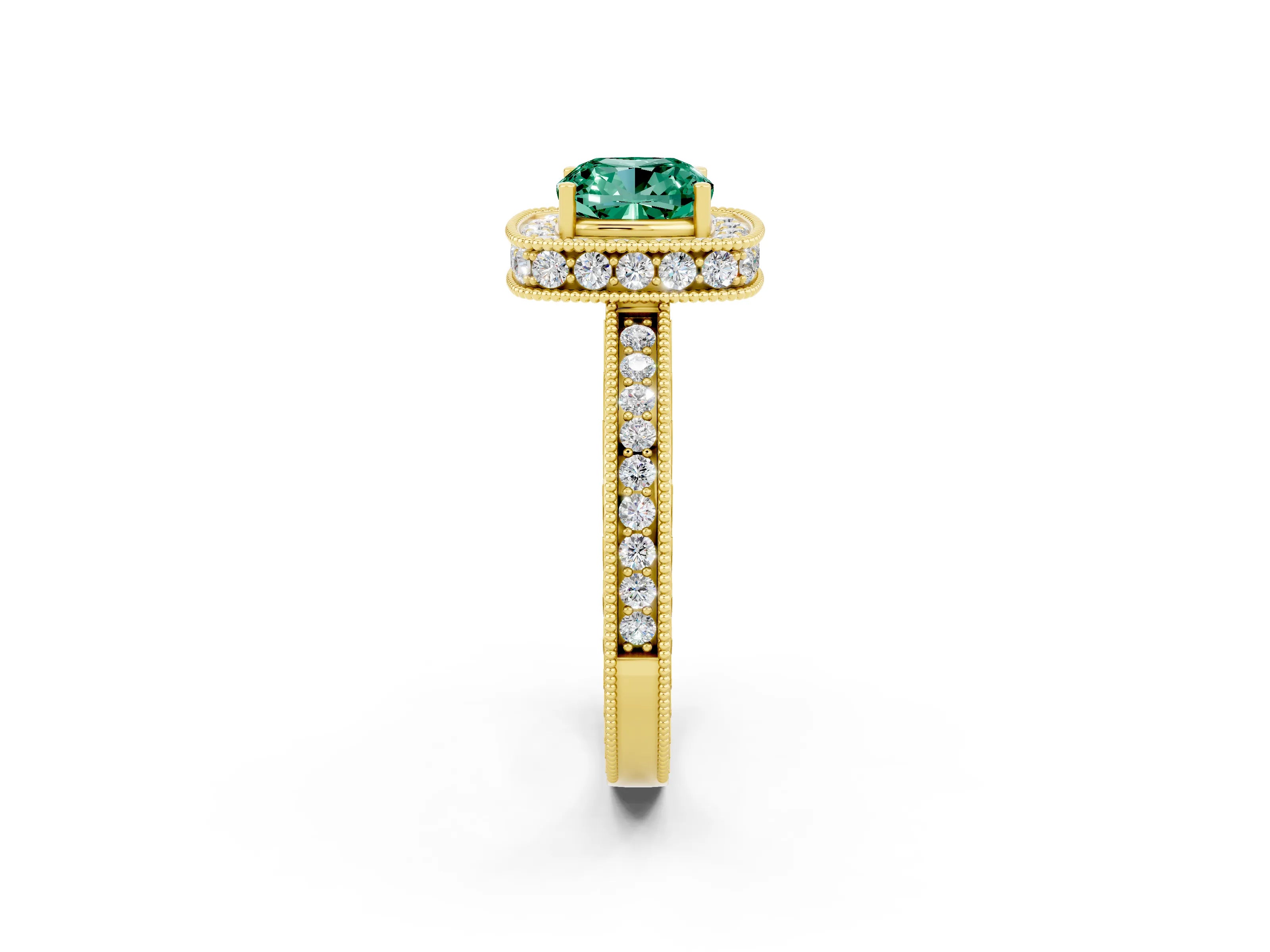Yellow gold Cushion Cut Halo Diamond Engagement Ring with Milgrain Pave Band and Four-Prong Setting_2