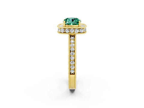 Yellow gold Cushion Cut Halo Diamond Engagement Ring with Milgrain Pave Band and Four-Prong Setting_2