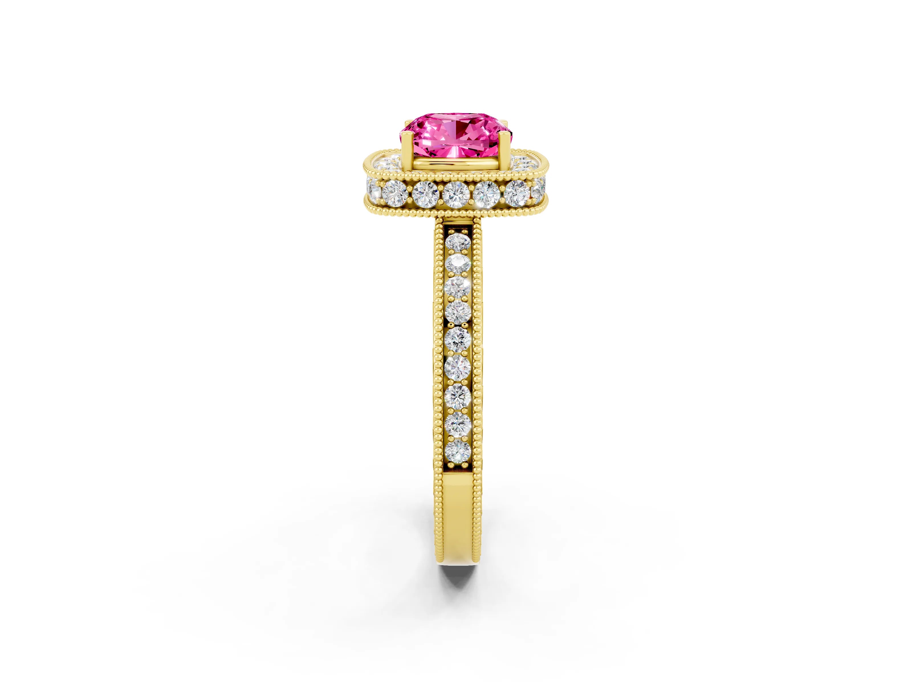 Yellow gold Cushion Cut Halo Diamond Engagement Ring with Milgrain Pave Band and Four-Prong Setting_2