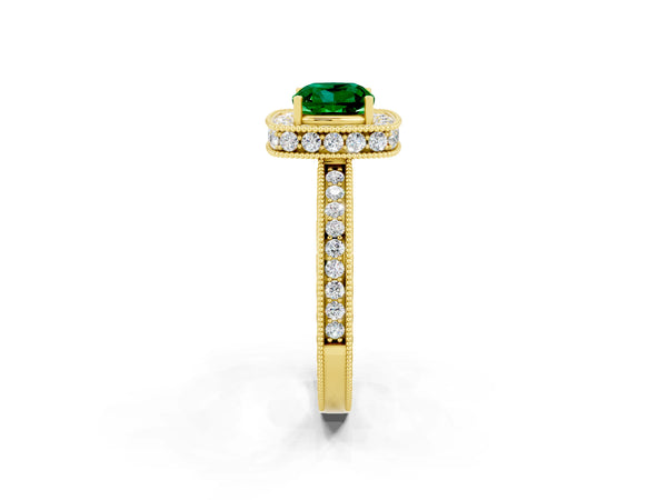 Yellow gold Cushion Cut Halo Diamond Engagement Ring with Milgrain Pave Band and Four-Prong Setting