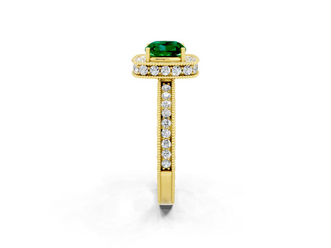 Yellow gold Cushion Cut Halo Diamond Engagement Ring with Milgrain Pave Band and Four-Prong Setting_2
