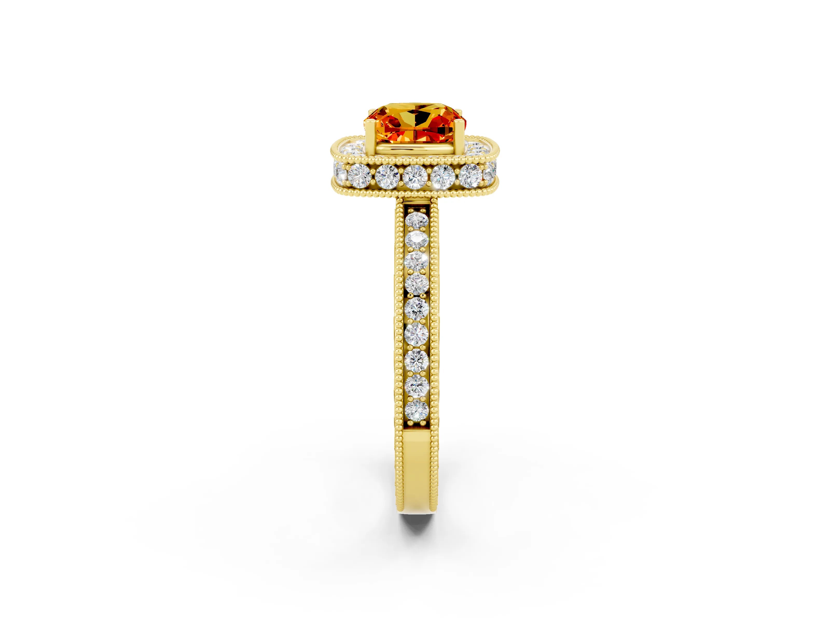 Yellow gold Cushion Cut Halo Diamond Engagement Ring with Milgrain Pave Band and Four-Prong Setting_2