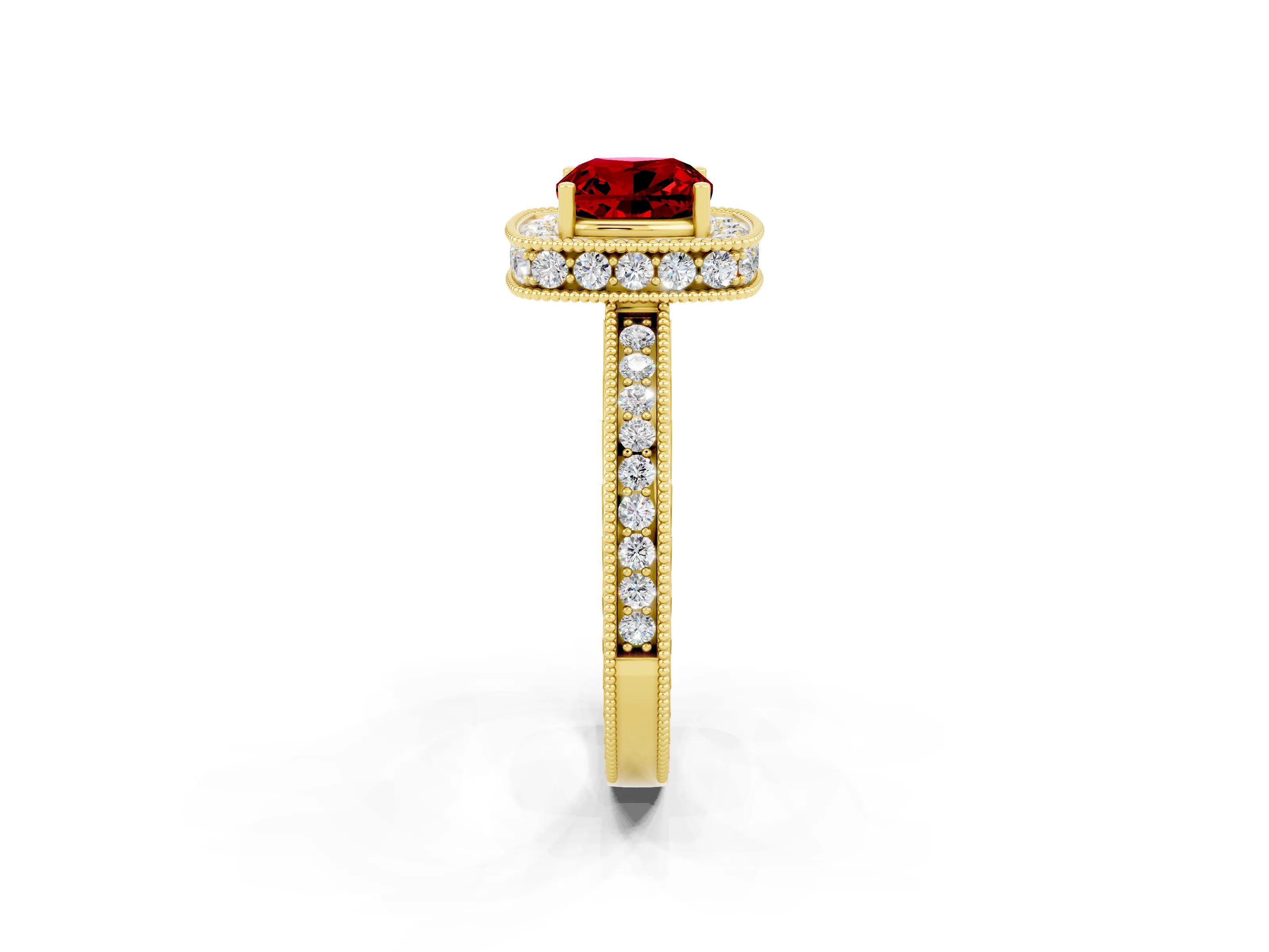 Yellow gold Cushion Cut Halo Diamond Engagement Ring with Milgrain Pave Band and Four-Prong Setting_2