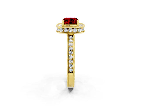 Yellow gold Cushion Cut Halo Diamond Engagement Ring with Milgrain Pave Band and Four-Prong Setting_2
