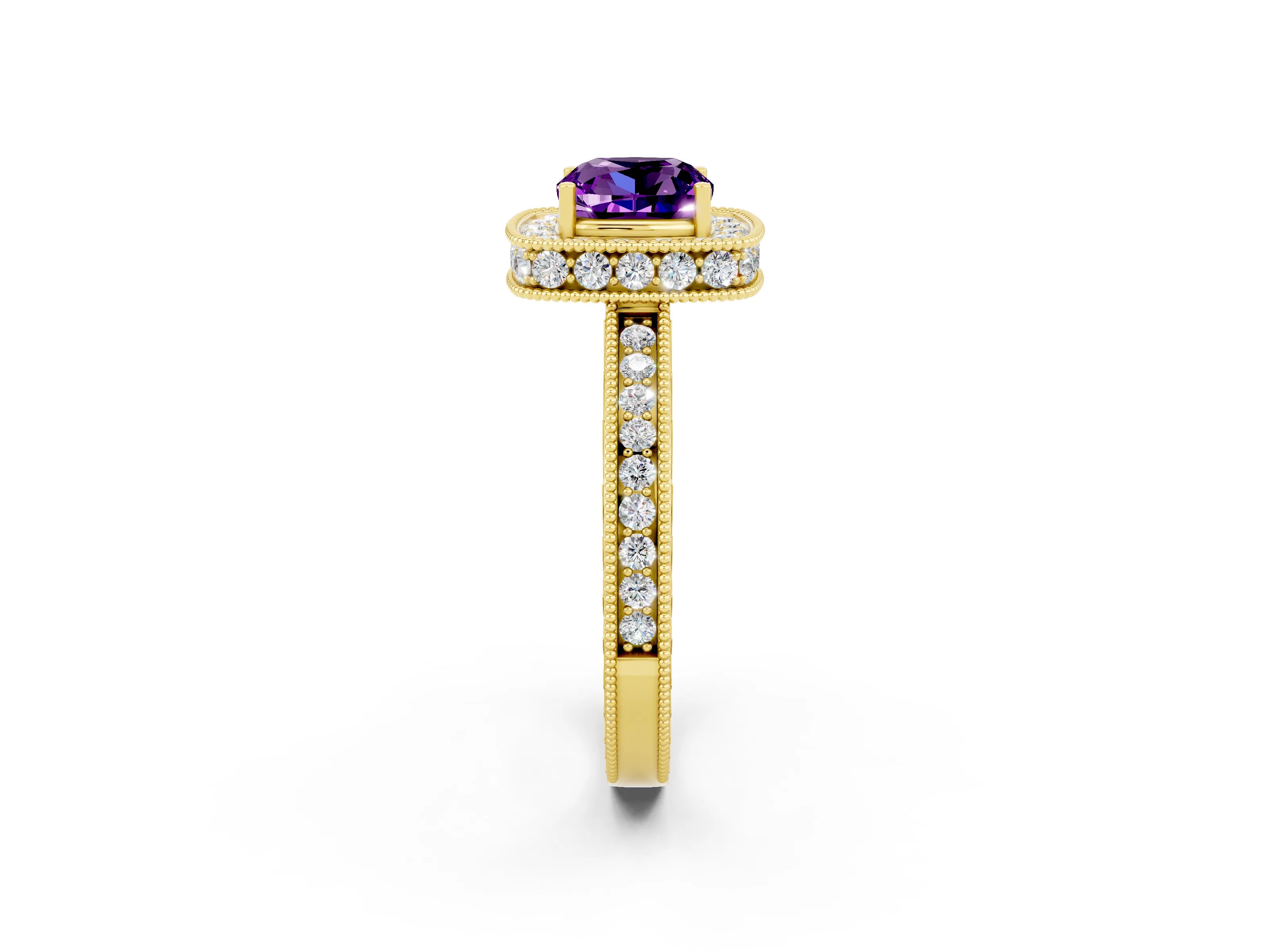 Yellow gold Cushion Cut Halo Diamond Engagement Ring with Milgrain Pave Band and Four-Prong Setting_2