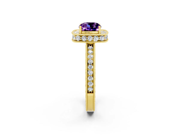 Yellow gold Cushion Cut Amethyst Milgrain Halo Engagement Ring with Round Pavé Band and Prong Setting