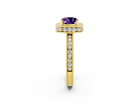 Yellow gold Cushion Cut Halo Diamond Engagement Ring with Milgrain Pave Band and Four-Prong Setting_2