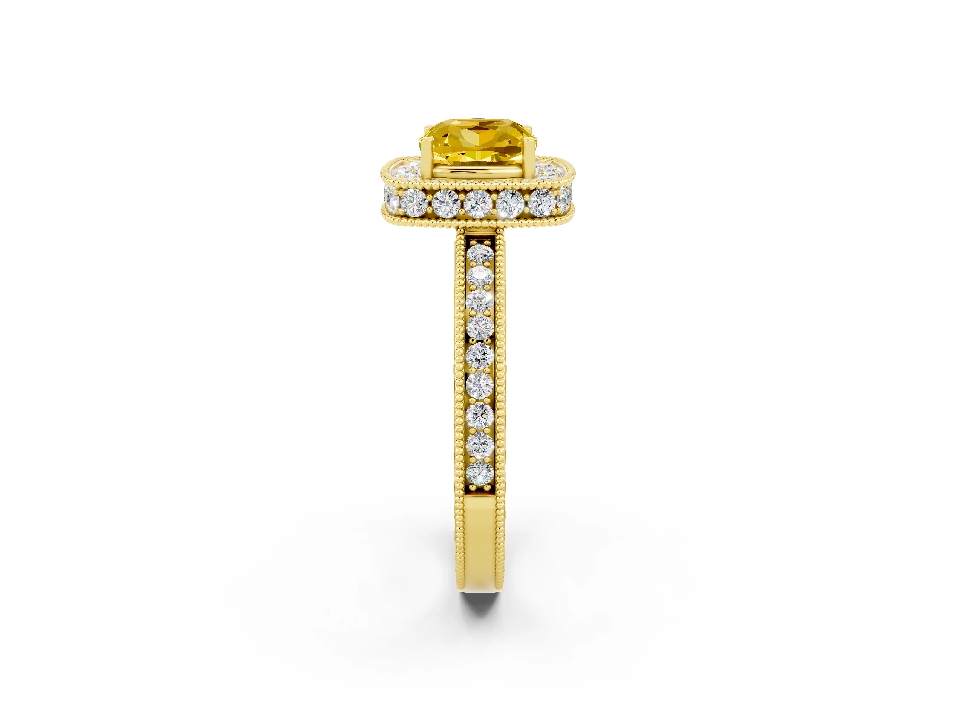 Yellow gold Cushion Cut Halo Diamond Engagement Ring with Milgrain Pave Band and Four-Prong Setting_2