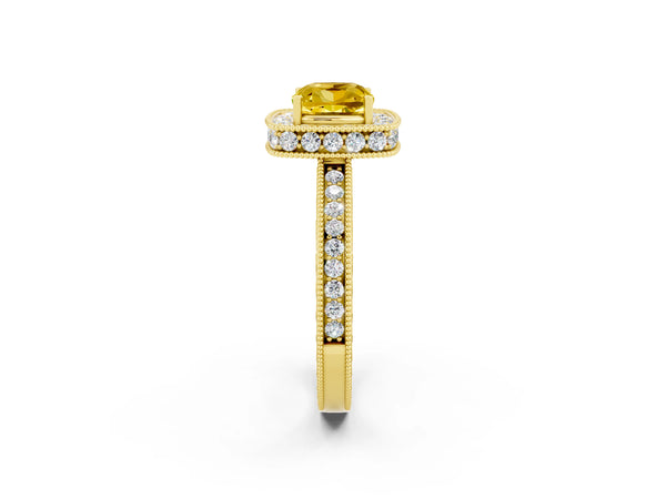 Yellow gold Cushion Cut Halo Diamond Engagement Ring with Milgrain Pave Band and Four-Prong Setting