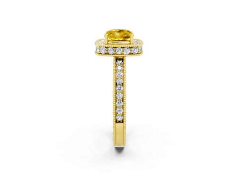 Yellow gold Cushion Cut Halo Diamond Engagement Ring with Milgrain Pave Band and Four-Prong Setting_2