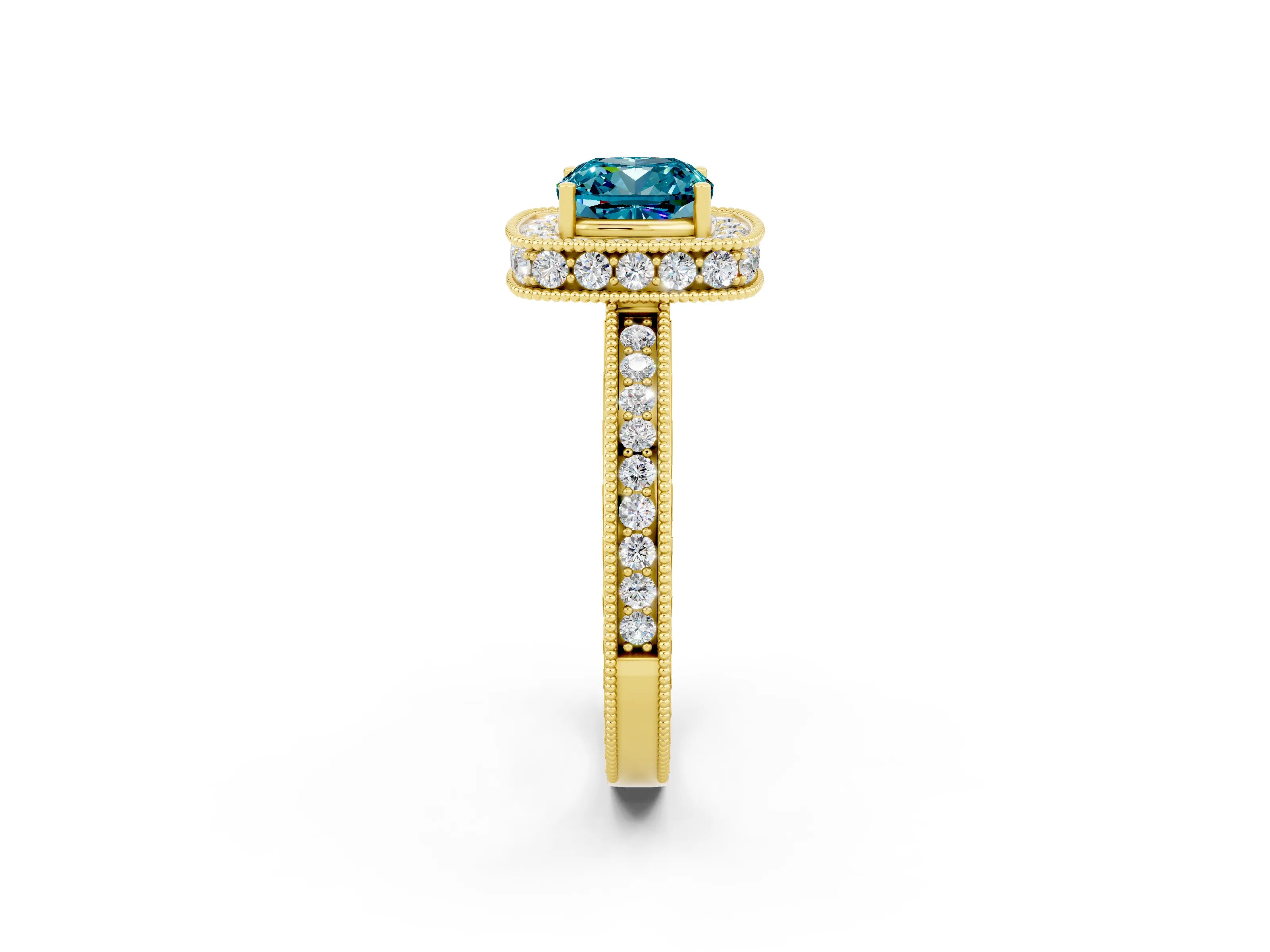 Yellow gold Cushion Cut Halo Diamond Engagement Ring with Milgrain Pave Band and Four-Prong Setting_2