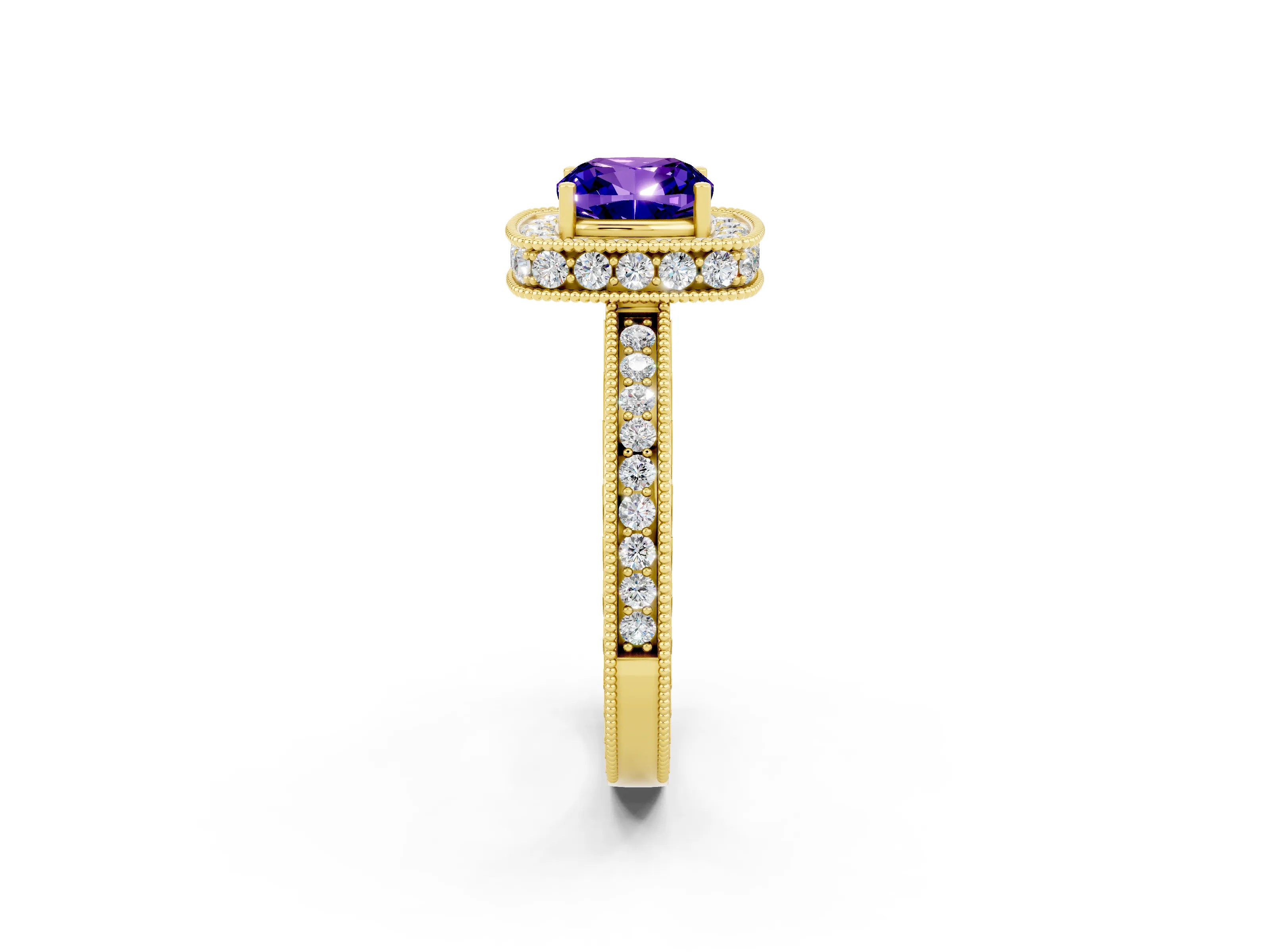 Yellow gold Cushion Cut Halo Diamond Engagement Ring with Milgrain Pave Band and Four-Prong Setting_2
