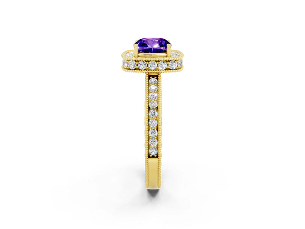 Yellow gold Cushion Cut Halo Diamond Engagement Ring with Milgrain Pave Band and Four-Prong Setting