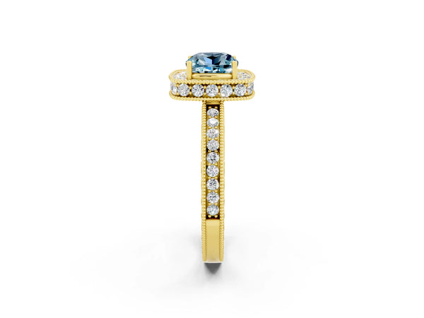 Yellow gold Cushion Cut Halo Diamond Engagement Ring with Milgrain Pave Band and Four-Prong Setting