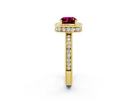 Yellow gold Cushion Cut Halo Diamond Engagement Ring with Milgrain Pave Band and Four-Prong Setting_2