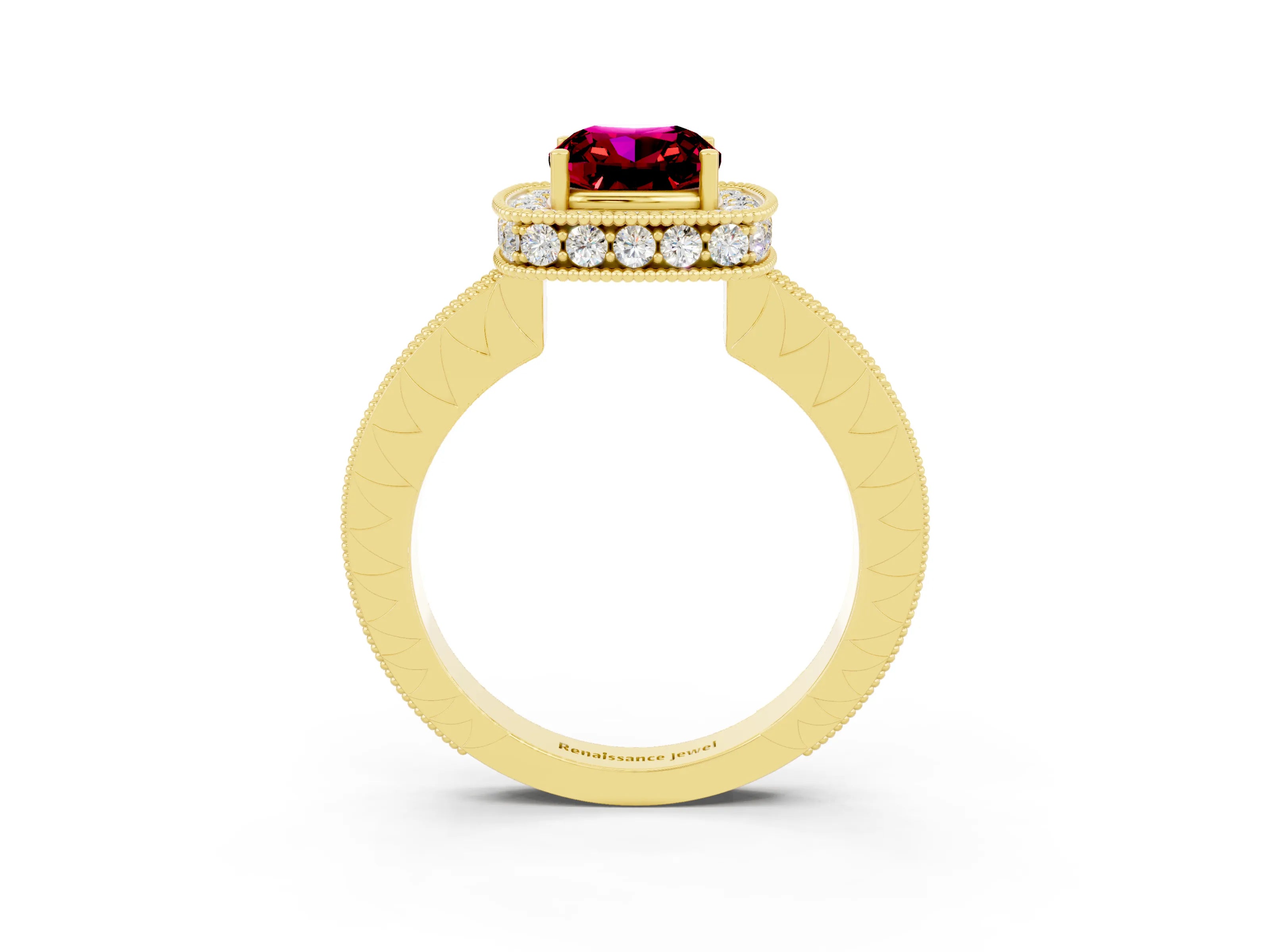 Yellow gold Cushion Cut Halo Diamond Engagement Ring with Milgrain Pave Band and Four-Prong Setting_3