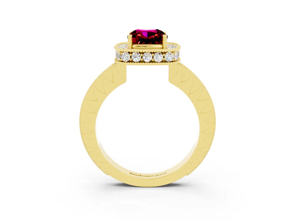 Yellow gold Cushion Cut Halo Diamond Engagement Ring with Milgrain Pave Band and Four-Prong Setting