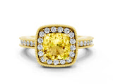 Yellow gold Cushion Cut Halo Diamond Engagement Ring with Milgrain Pave Band and Four-Prong Setting