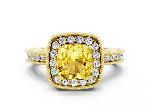 Yellow gold Cushion Cut Halo Diamond Engagement Ring with Milgrain Pave Band and Four-Prong Setting
