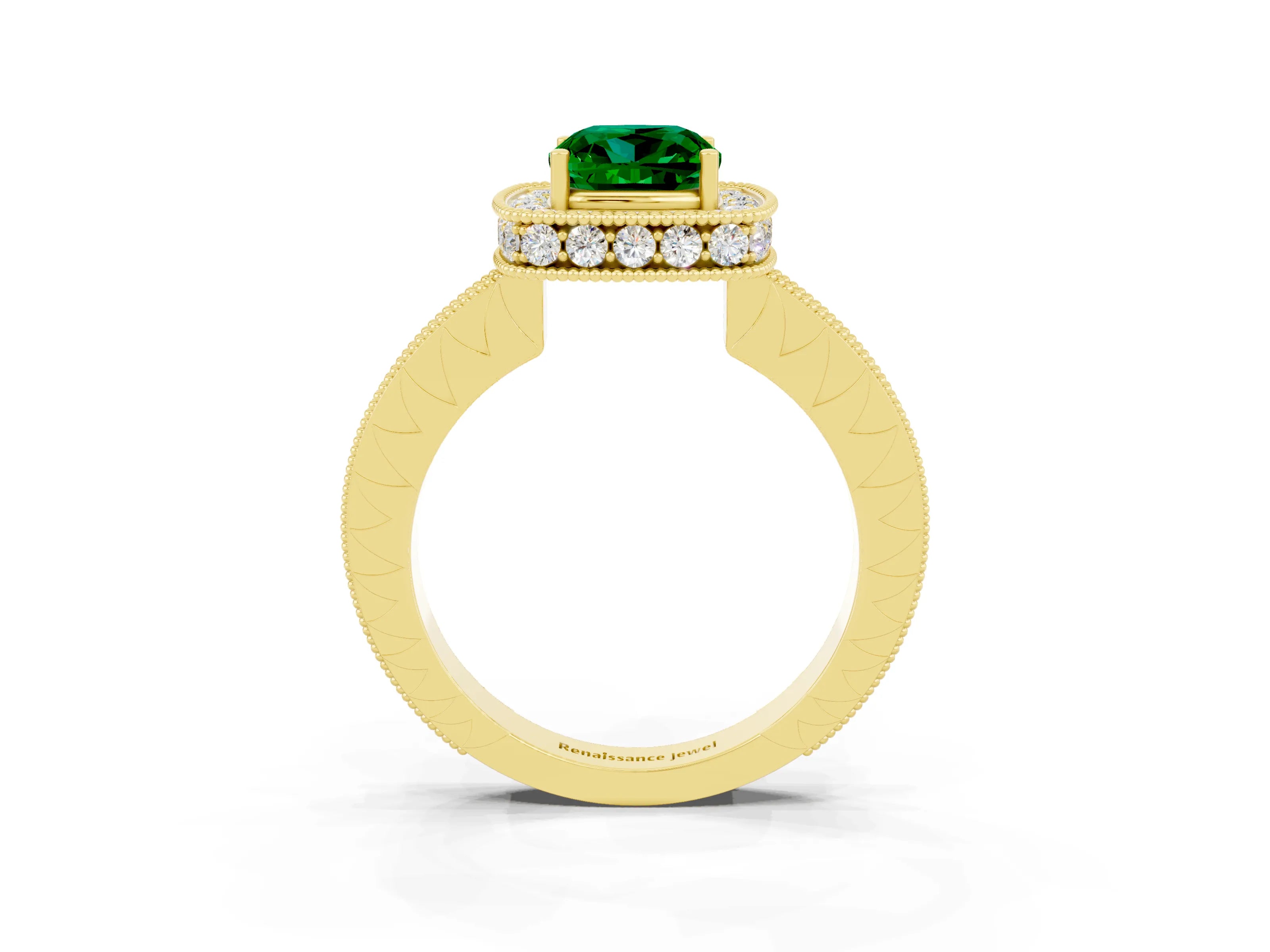 Yellow gold Cushion Cut Halo Diamond Engagement Ring with Milgrain Pave Band and Four-Prong Setting_3