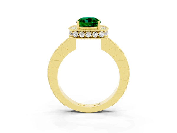 Yellow gold Cushion Cut Halo Diamond Engagement Ring with Milgrain Pave Band and Four-Prong Setting