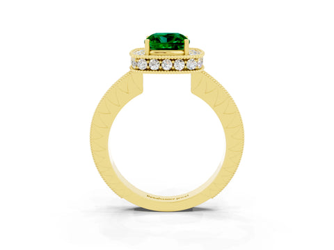 Yellow gold Cushion Cut Halo Diamond Engagement Ring with Milgrain Pave Band and Four-Prong Setting_3