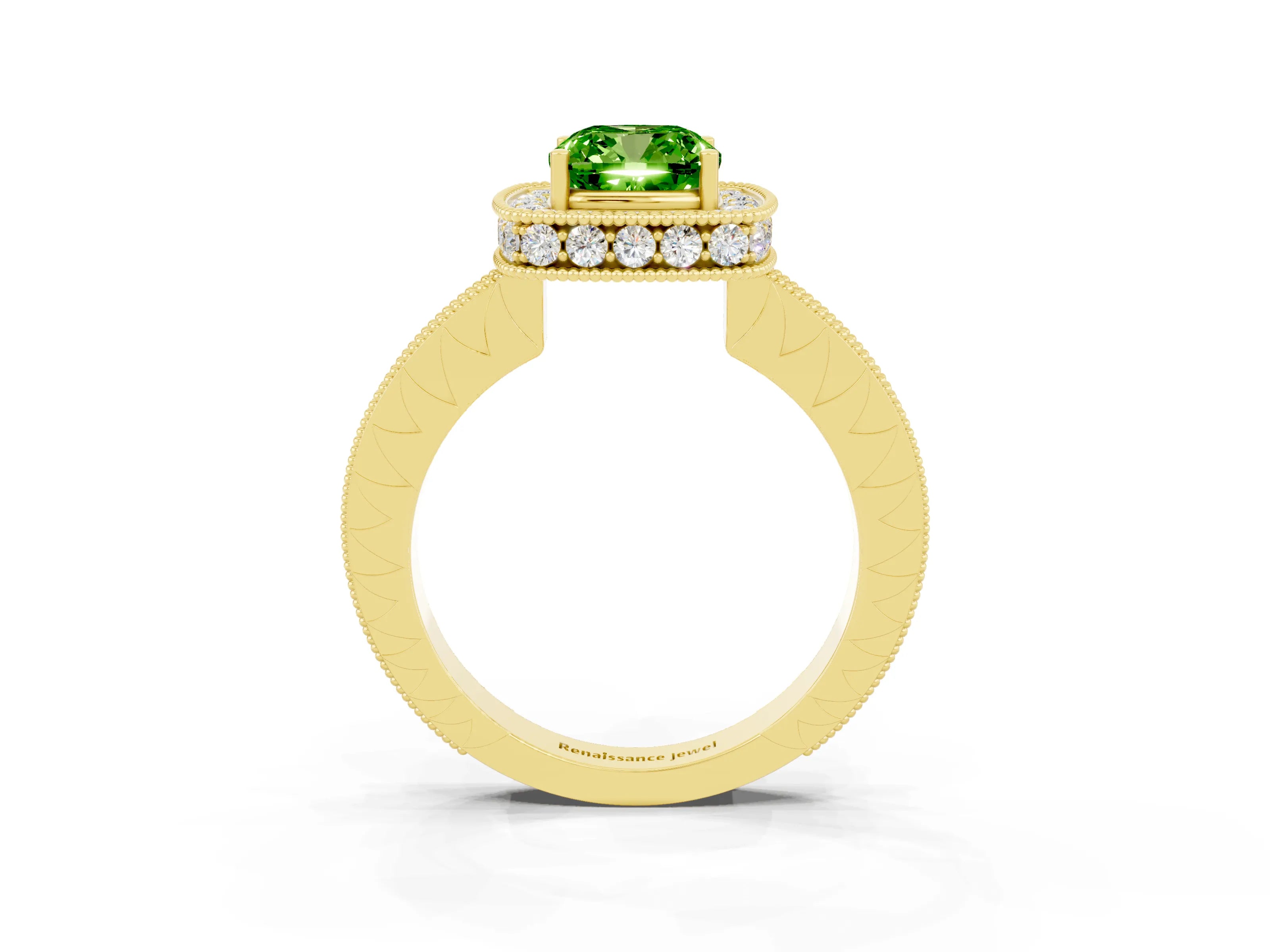 Yellow gold Cushion Cut Halo Diamond Engagement Ring with Milgrain Pave Band and Four-Prong Setting_3