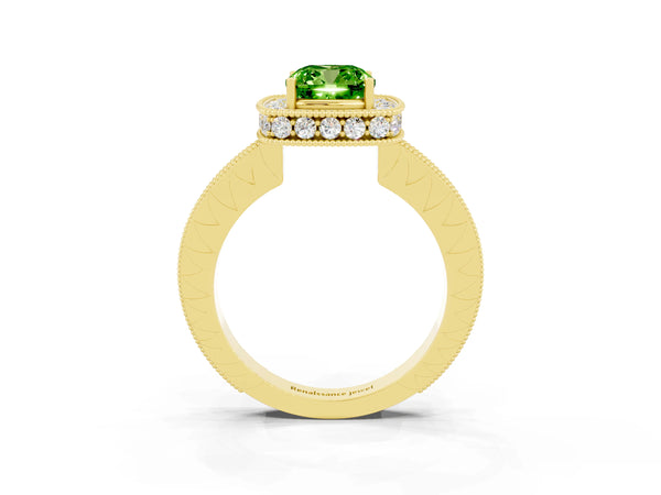 Yellow gold Cushion Cut Halo Diamond Engagement Ring with Milgrain Pave Band and Four-Prong Setting