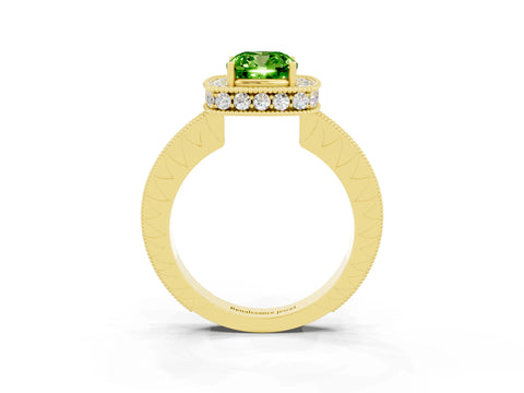 Yellow gold Cushion Cut Halo Diamond Engagement Ring with Milgrain Pave Band and Four-Prong Setting_3