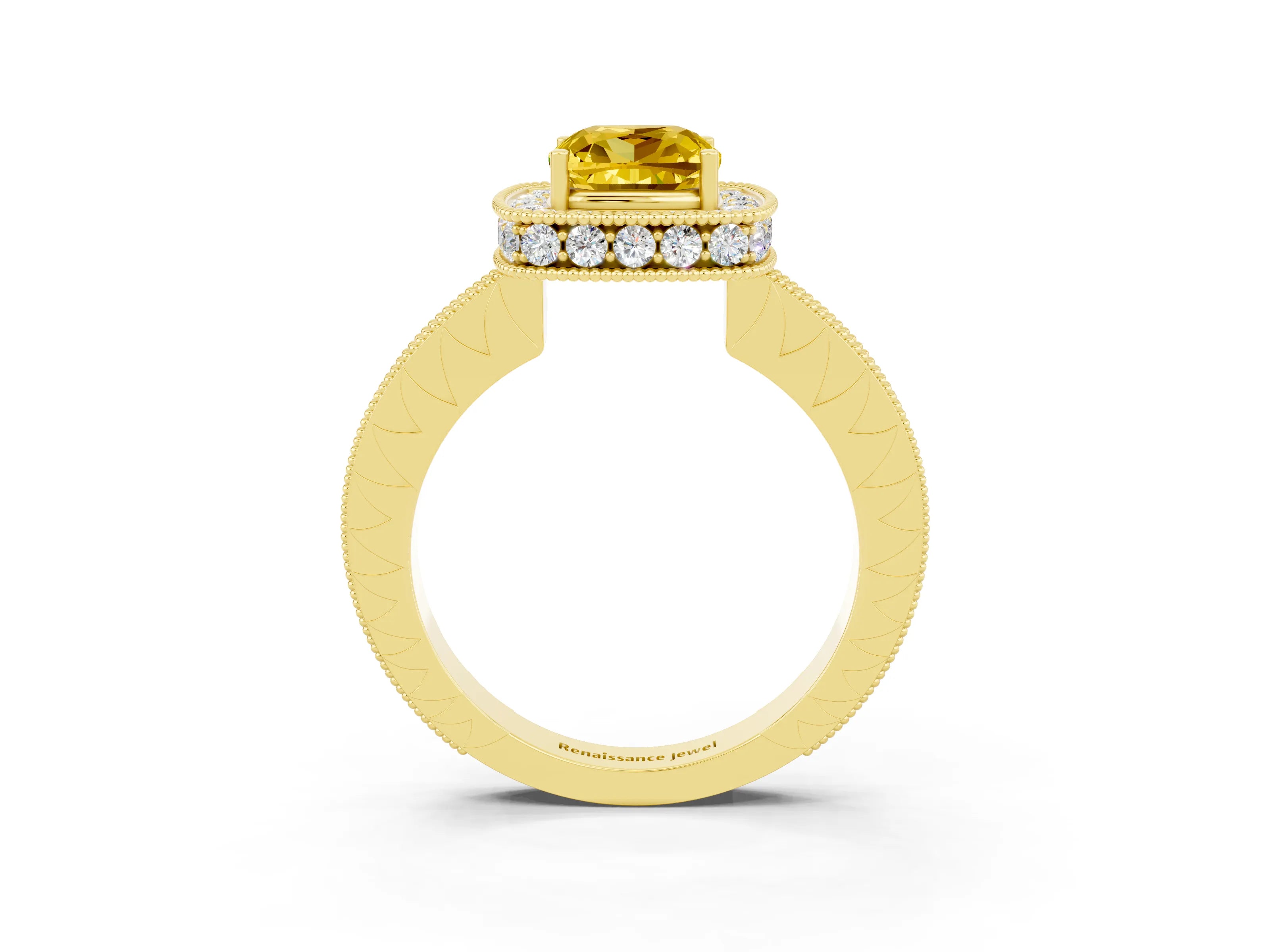 Yellow gold Cushion Cut Halo Diamond Engagement Ring with Milgrain Pave Band and Four-Prong Setting_3