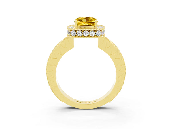 Yellow gold Cushion Cut Halo Diamond Engagement Ring with Milgrain Pave Band and Four-Prong Setting
