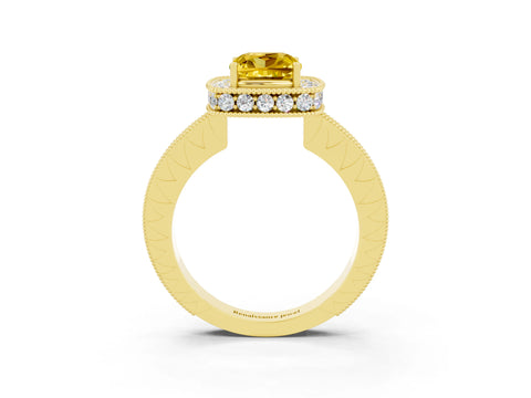 Yellow gold Cushion Cut Halo Diamond Engagement Ring with Milgrain Pave Band and Four-Prong Setting_3