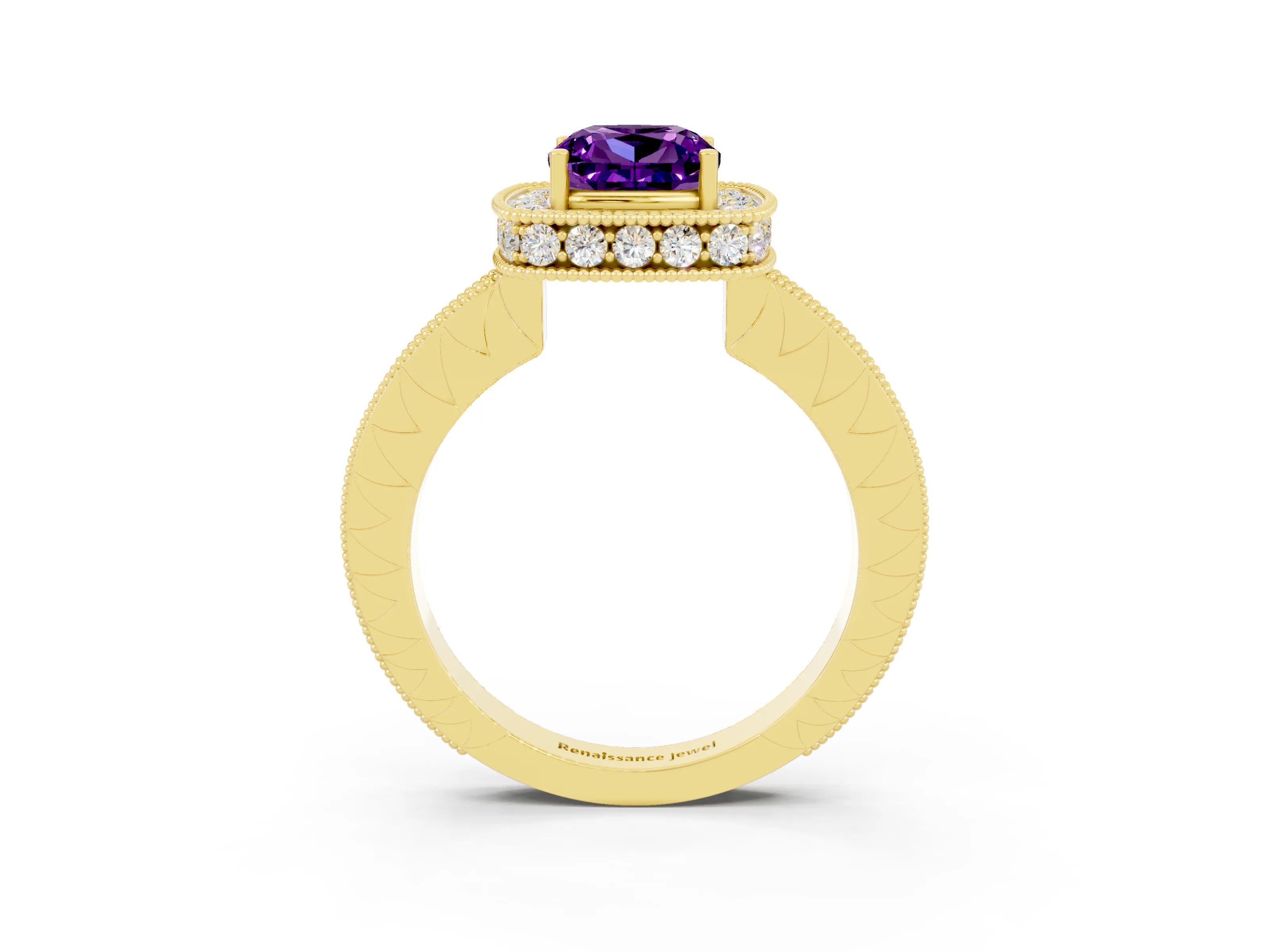 Yellow gold Cushion Cut Halo Diamond Engagement Ring with Milgrain Pave Band and Four-Prong Setting_3