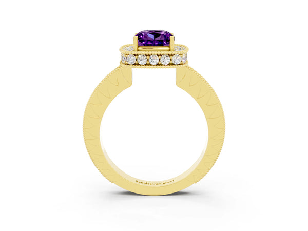 Yellow gold Cushion Cut Amethyst Milgrain Halo Engagement Ring with Round Pavé Band and Prong Setting