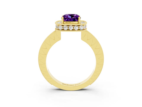 Yellow gold Cushion Cut Halo Diamond Engagement Ring with Milgrain Pave Band and Four-Prong Setting_3
