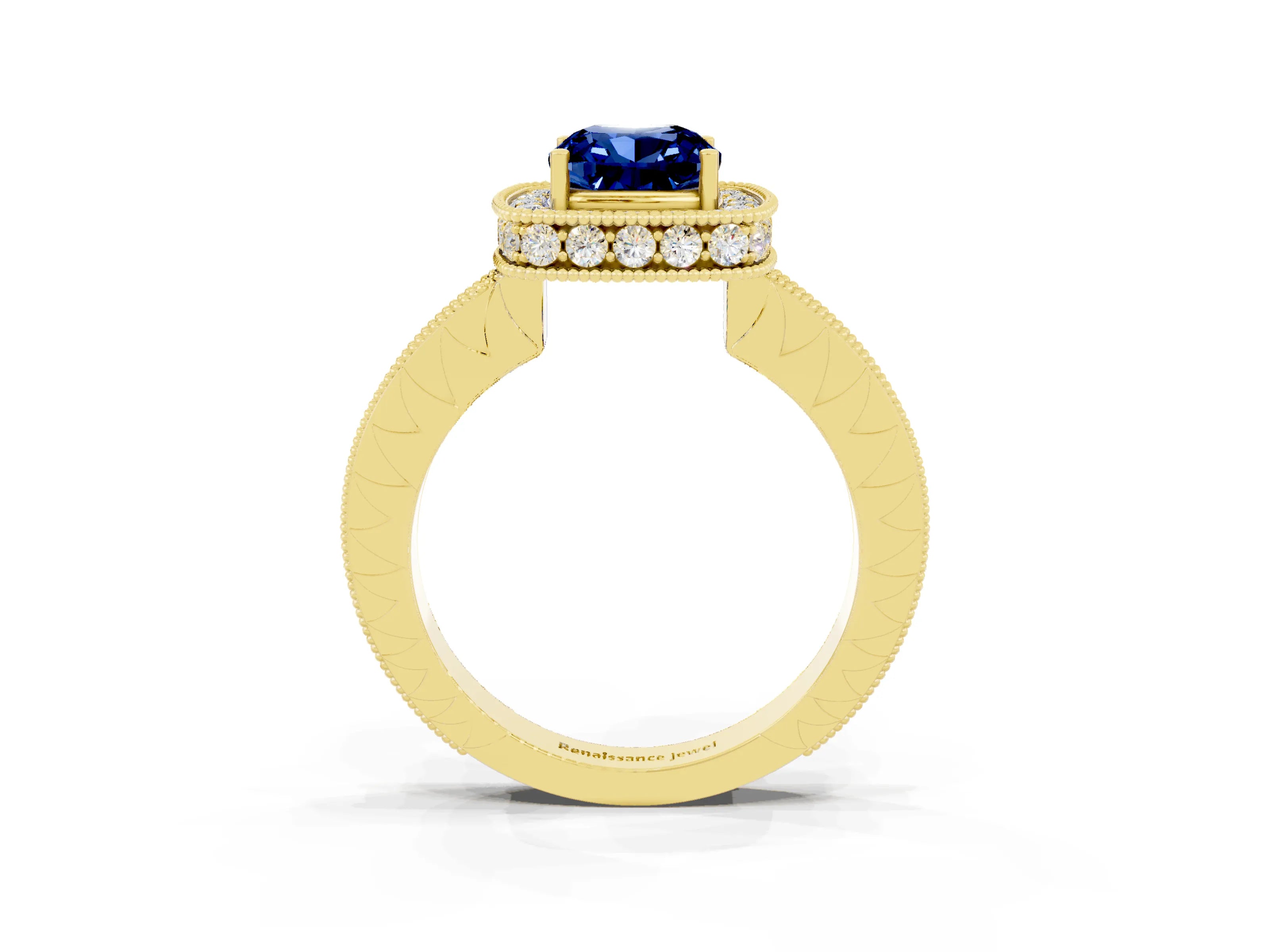 Yellow gold Cushion Cut Halo Diamond Engagement Ring with Milgrain Pave Band and Four-Prong Setting_3