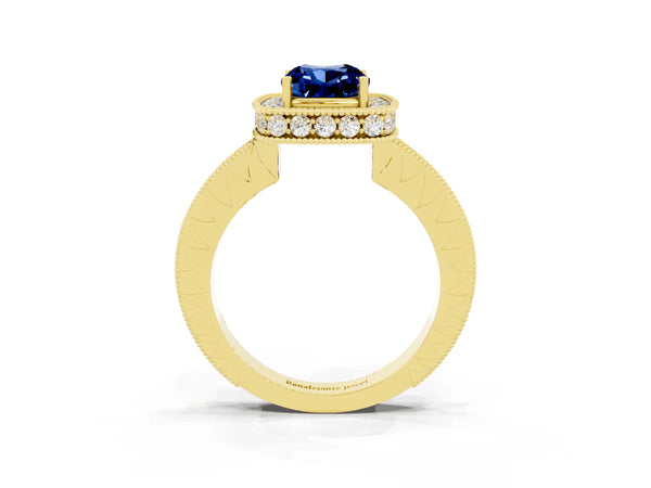 Yellow gold Cushion Cut Halo Diamond Engagement Ring with Milgrain Pave Band and Four-Prong Setting