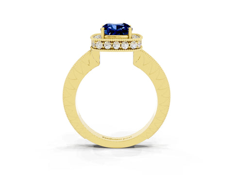 Yellow gold Cushion Cut Halo Diamond Engagement Ring with Milgrain Pave Band and Four-Prong Setting_3