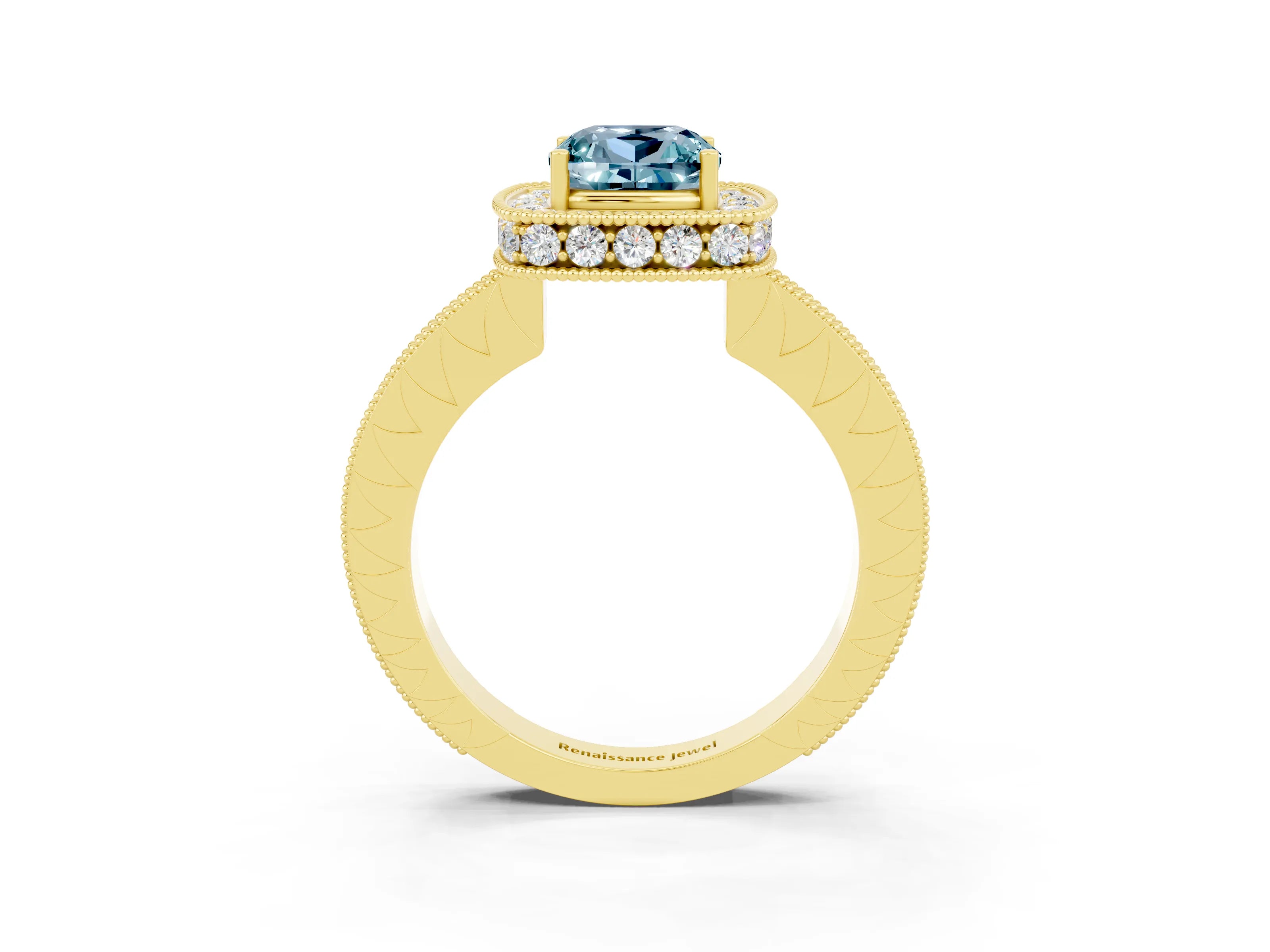 Yellow gold Cushion Cut Halo Diamond Engagement Ring with Milgrain Pave Band and Four-Prong Setting_3