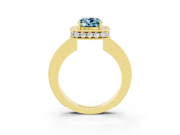 Yellow gold Cushion Cut Halo Diamond Engagement Ring with Milgrain Pave Band and Four-Prong Setting