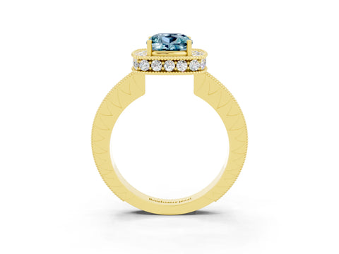 Yellow gold Cushion Cut Halo Diamond Engagement Ring with Milgrain Pave Band and Four-Prong Setting_3
