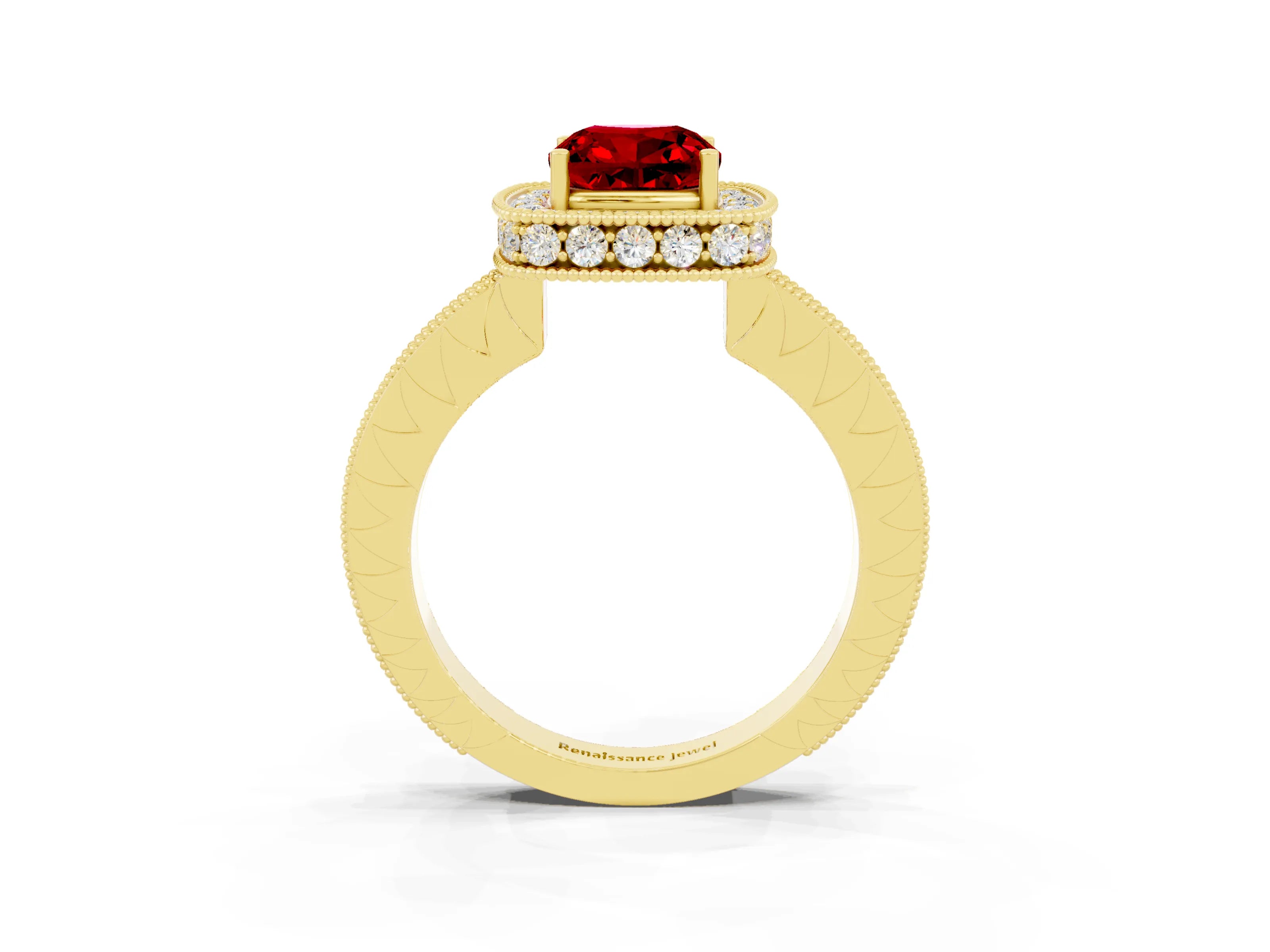 Yellow gold Cushion Cut Halo Diamond Engagement Ring with Milgrain Pave Band and Four-Prong Setting_3
