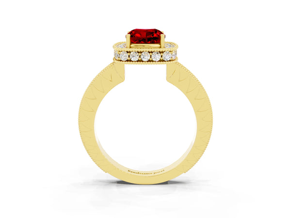 Yellow gold Cushion Cut Halo Diamond Engagement Ring with Milgrain Pave Band and Four-Prong Setting