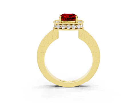 Yellow gold Cushion Cut Halo Diamond Engagement Ring with Milgrain Pave Band and Four-Prong Setting_3