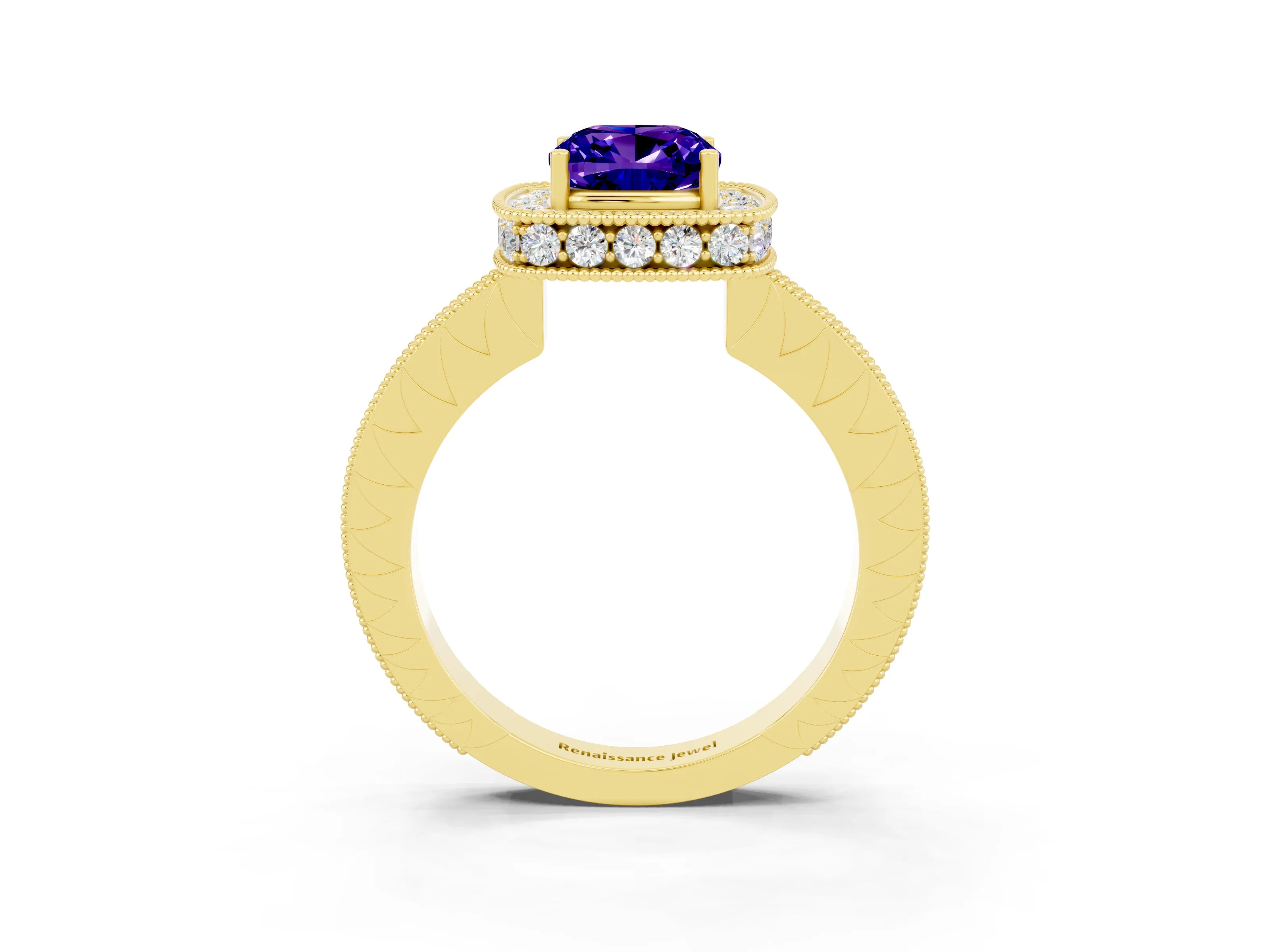 Yellow gold Cushion Cut Halo Diamond Engagement Ring with Milgrain Pave Band and Four-Prong Setting_3