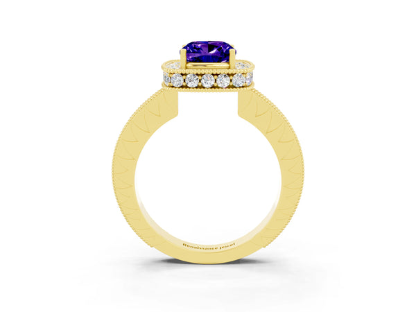 Yellow gold Cushion Cut Halo Diamond Engagement Ring with Milgrain Pave Band and Four-Prong Setting
