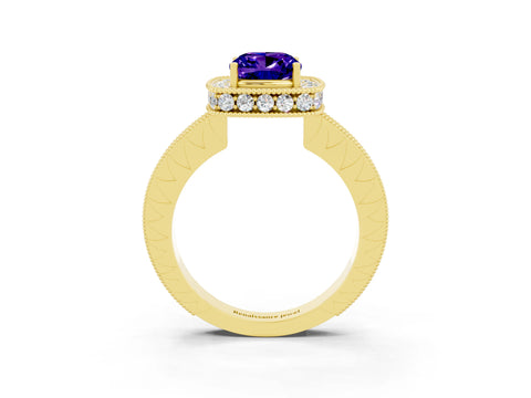 Yellow gold Cushion Cut Halo Diamond Engagement Ring with Milgrain Pave Band and Four-Prong Setting_3
