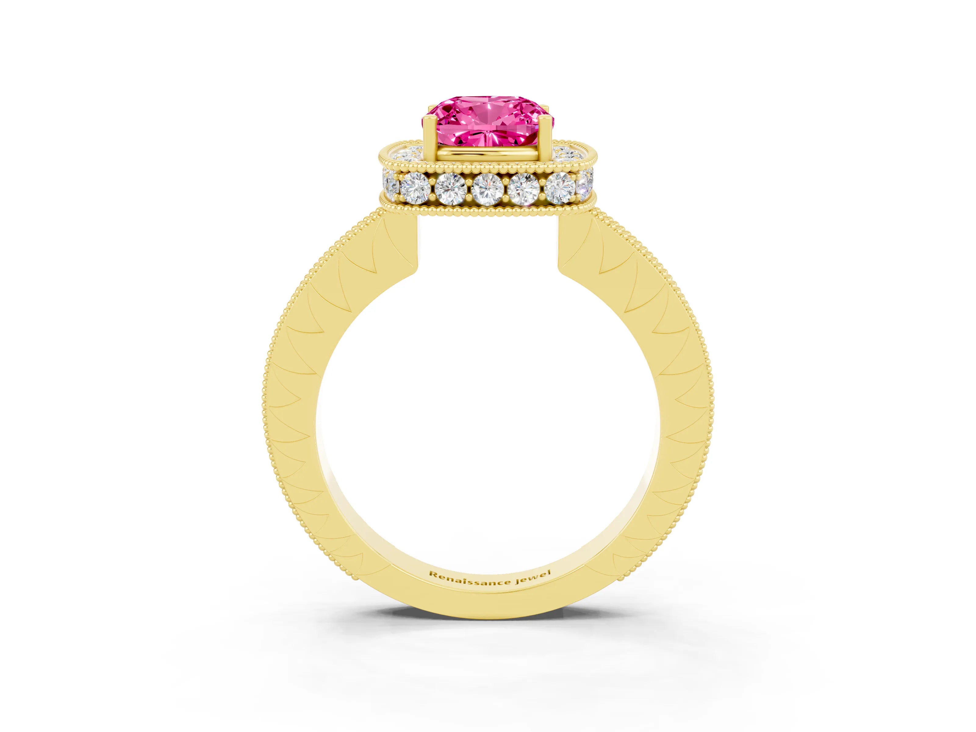 Yellow gold Cushion Cut Halo Diamond Engagement Ring with Milgrain Pave Band and Four-Prong Setting_3