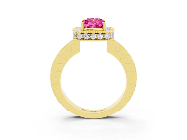 Yellow gold Cushion Cut Halo Diamond Engagement Ring with Milgrain Pave Band and Four-Prong Setting