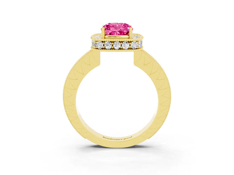 Yellow gold Cushion Cut Halo Diamond Engagement Ring with Milgrain Pave Band and Four-Prong Setting_3